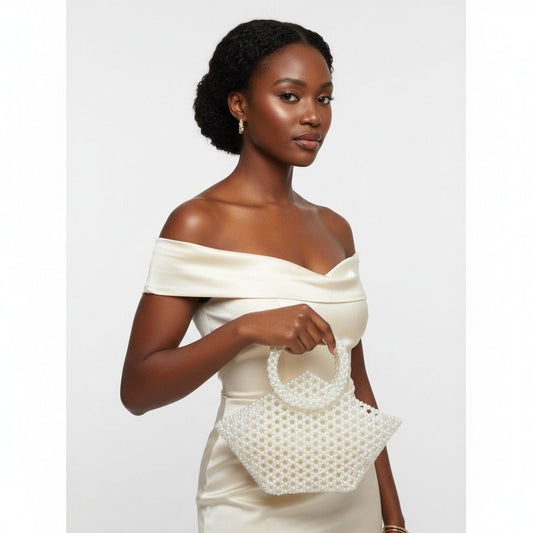 Top Handle Trapeze Cream Pearl Woven Handbag Bag