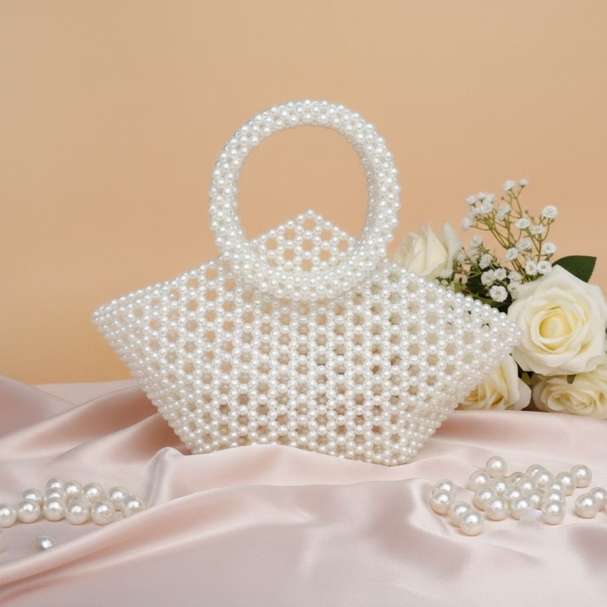 Top Handle Trapeze White Pearl Woven Handbag Bag