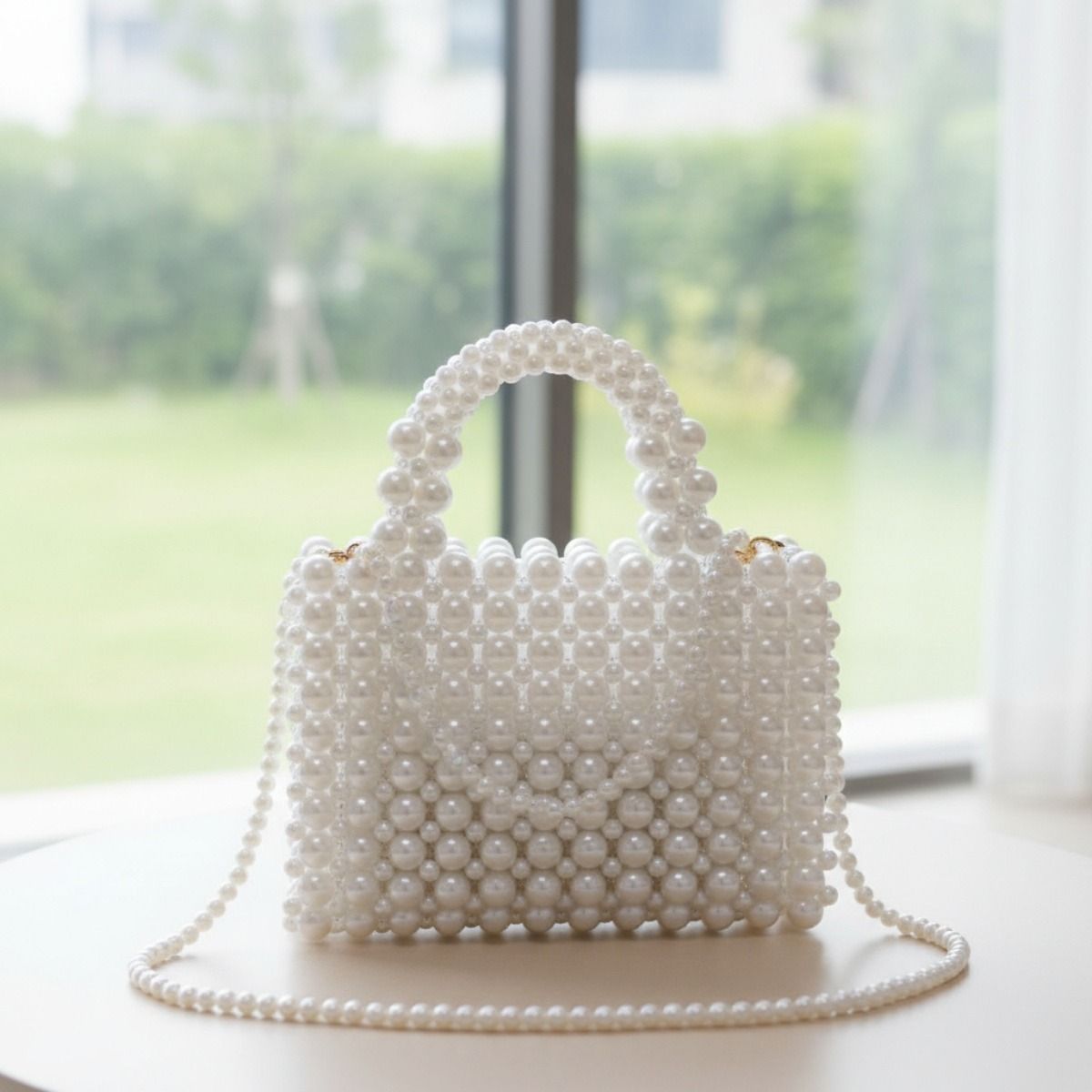 Top Handle Square White Pearl Woven Handmade Bag