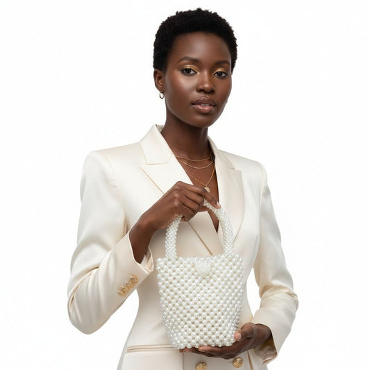 Top Handle Bucket Cream Pearl Woven Handmade Bag
