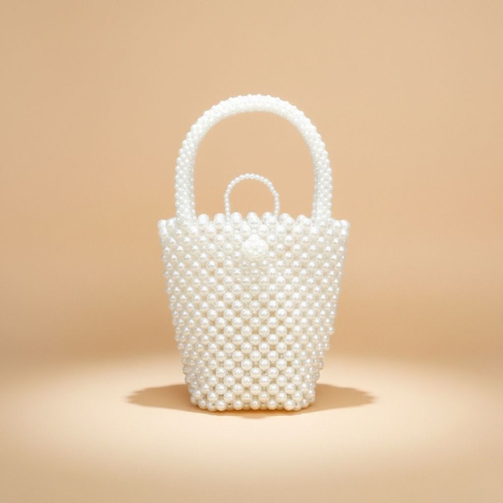 Top Handle Bucket Cream Pearl Woven Handmade Bag