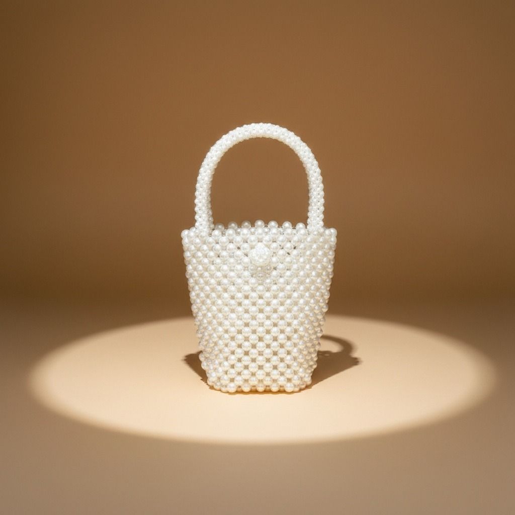 Top Handle Bucket Cream Pearl Woven Handmade Bag