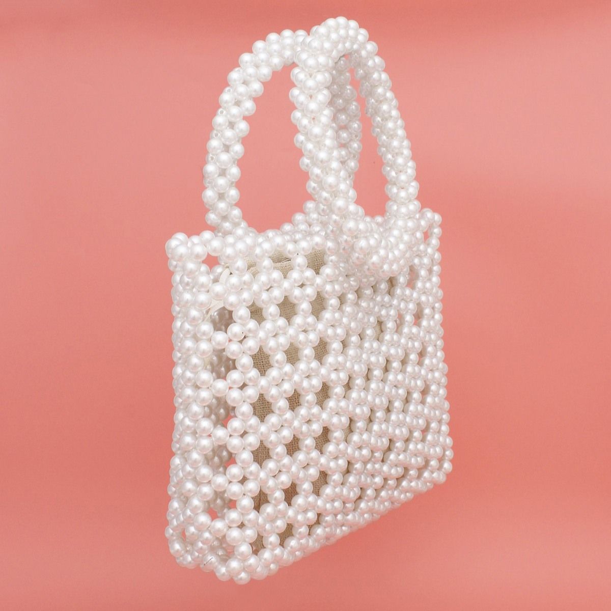 Top Handle Square White Pearl Woven Handbag