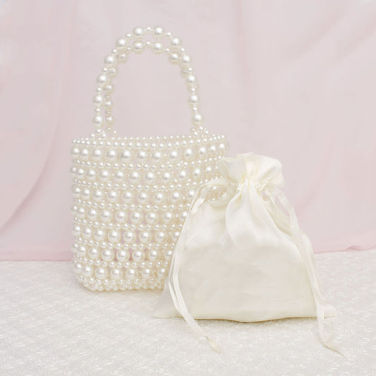 Top Handle Vintage Woven Cream Pearl Crossbody Bag