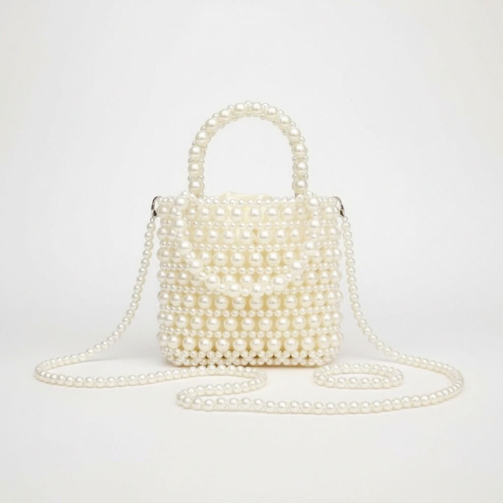 Top Handle Vintage Woven Cream Pearl Crossbody Bag