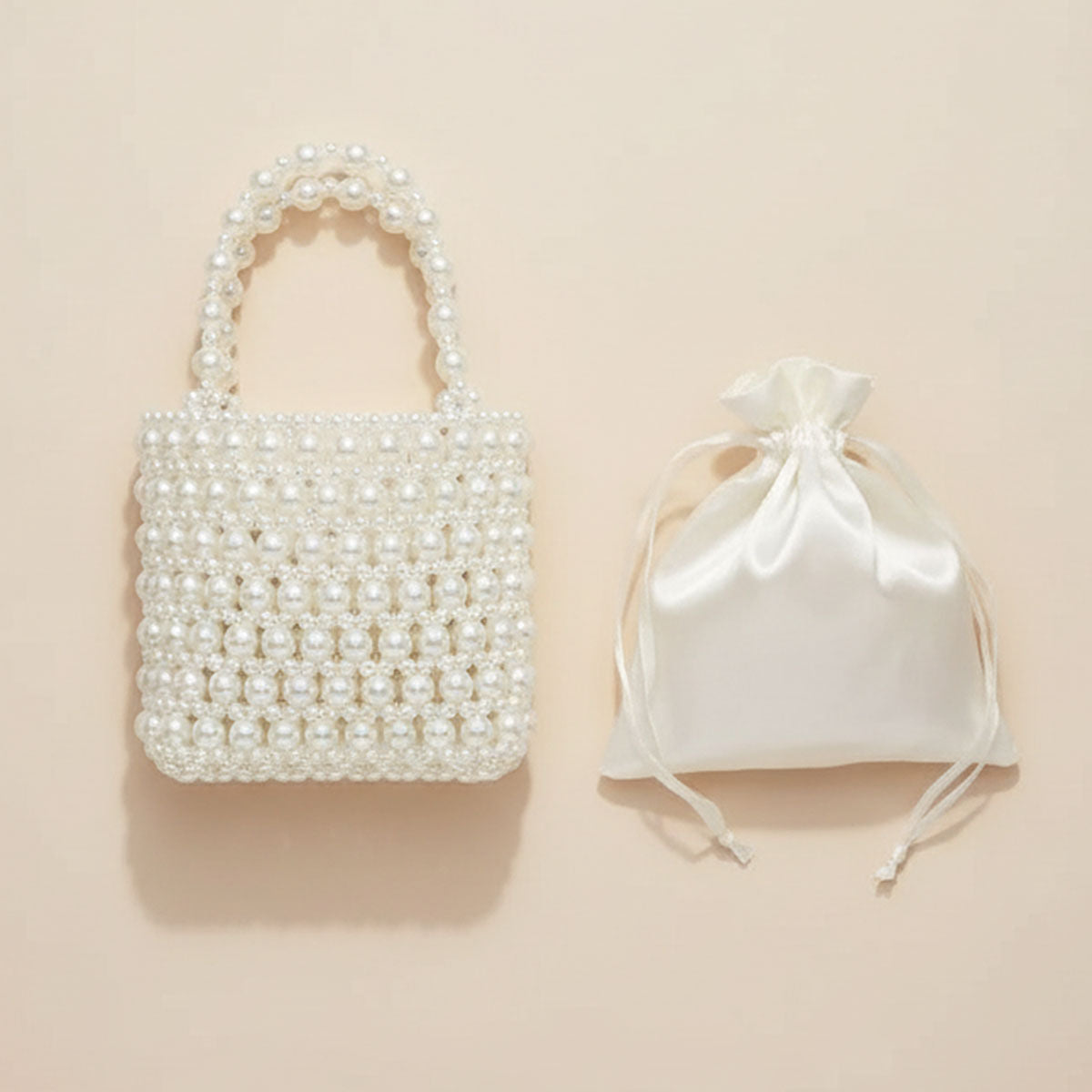 Top Handle Vintage Woven Cream Pearl Crossbody Bag