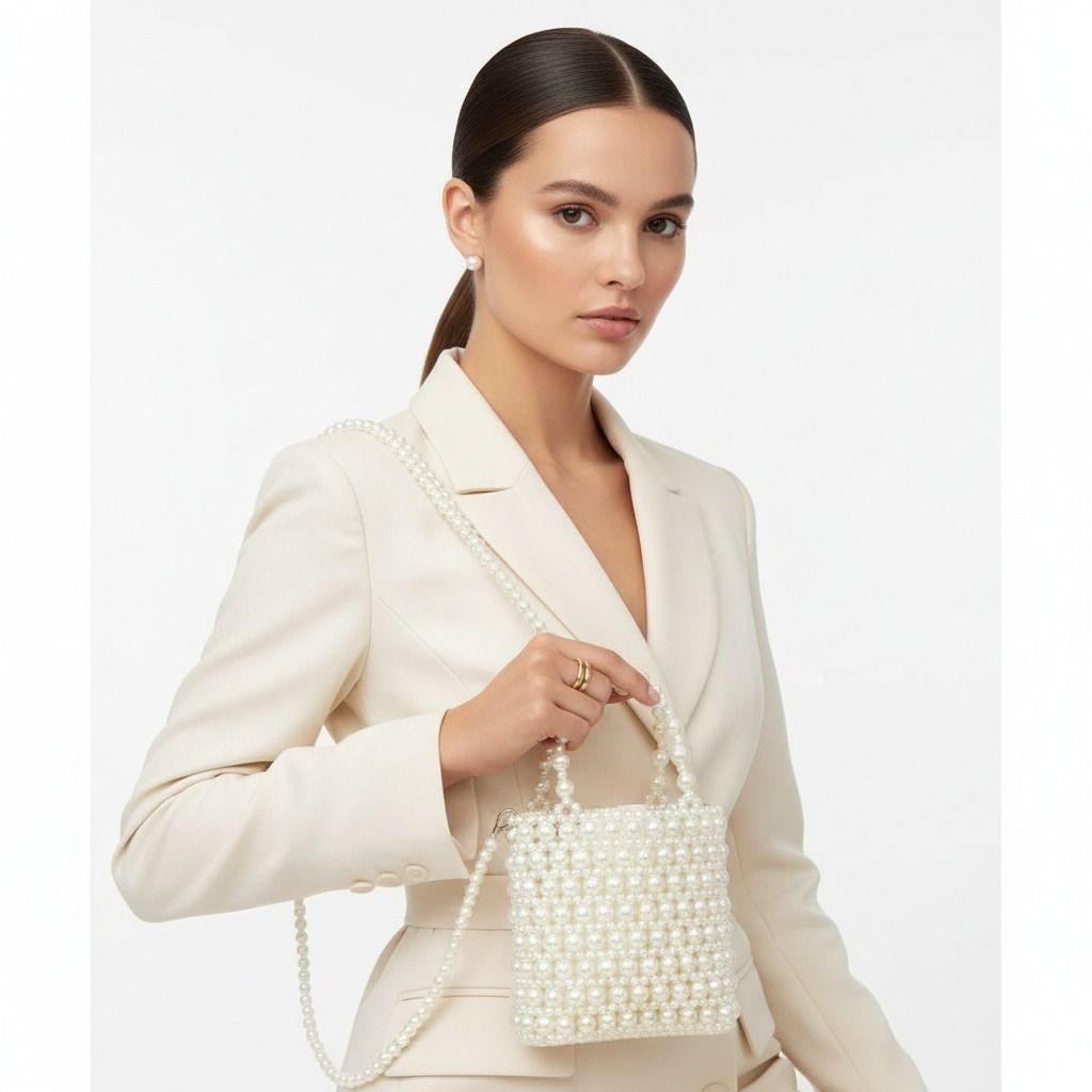 Top Handle Vintage Woven Cream Pearl Crossbody Bag