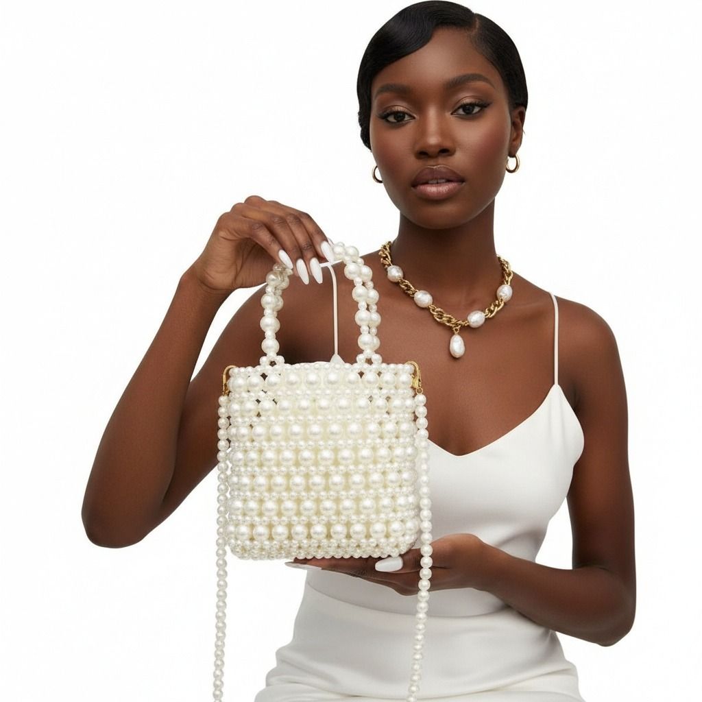 Top Handle Vintage Woven Cream Pearl Crossbody Bag