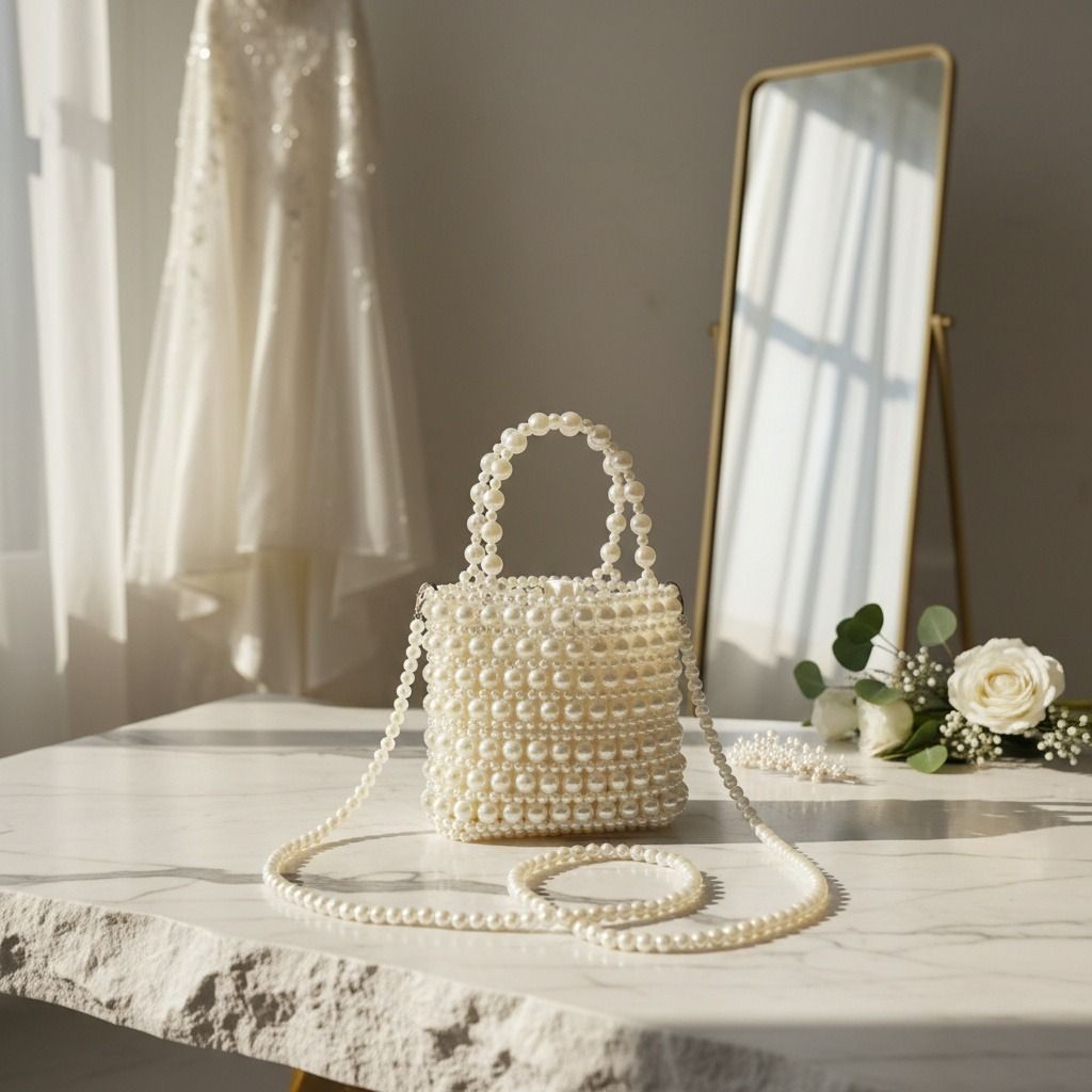 Top Handle Vintage Woven Cream Pearl Crossbody Bag
