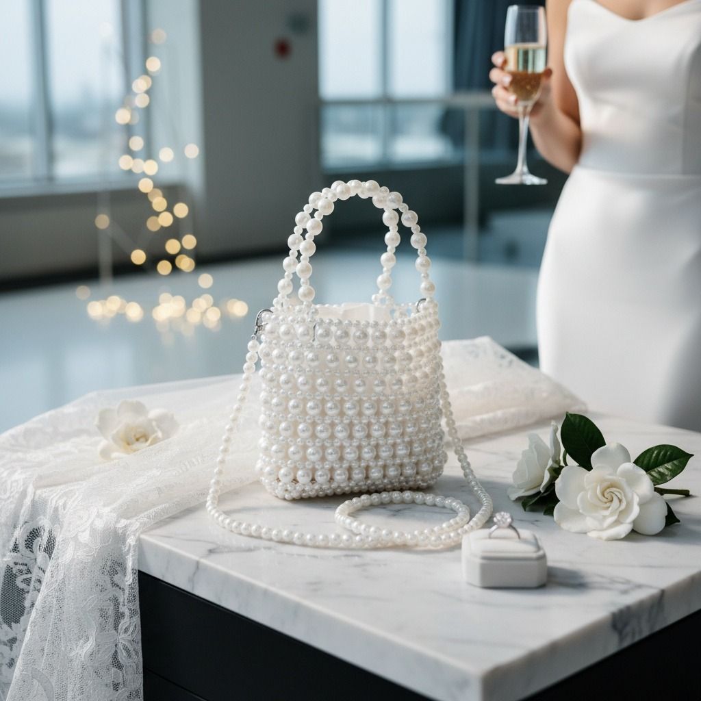 Top Handle Vintage Woven White Pearl Crossbody Bag