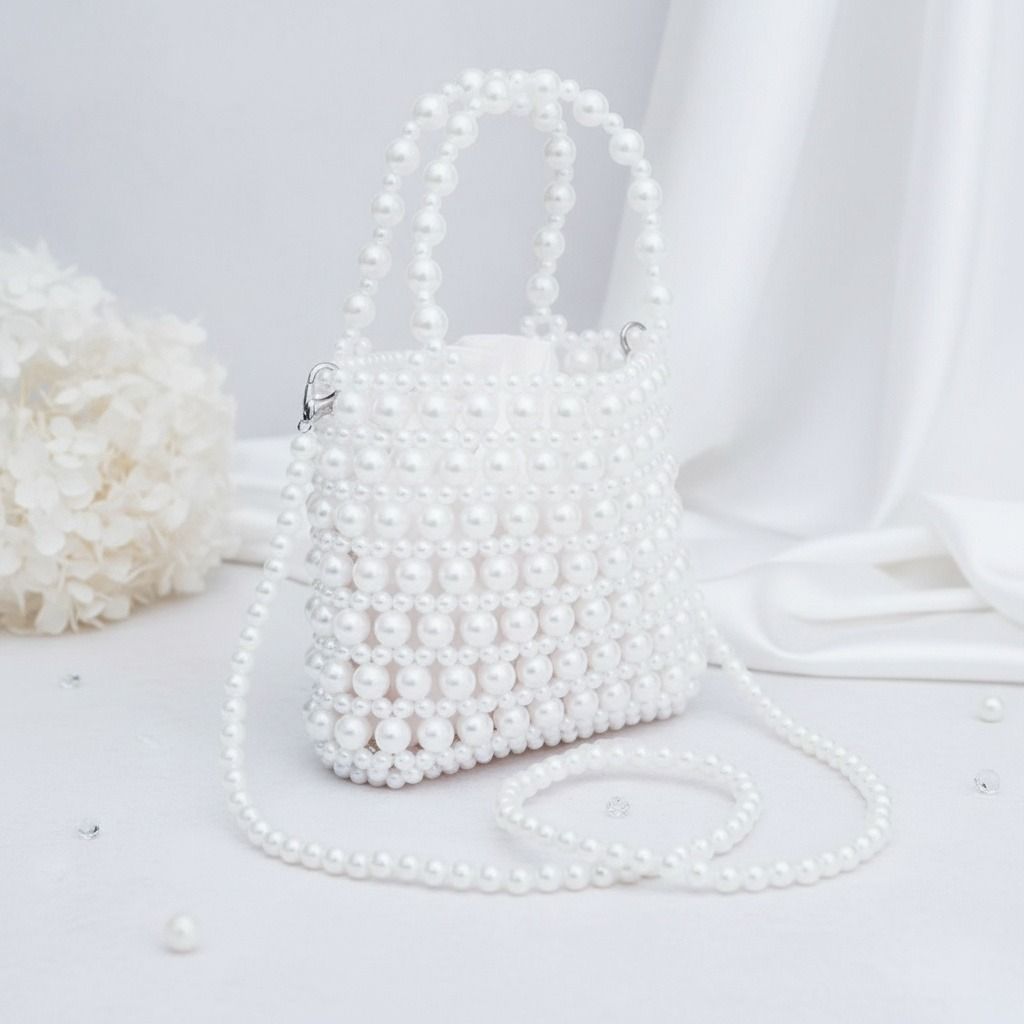 Top Handle Vintage Woven White Pearl Crossbody Bag