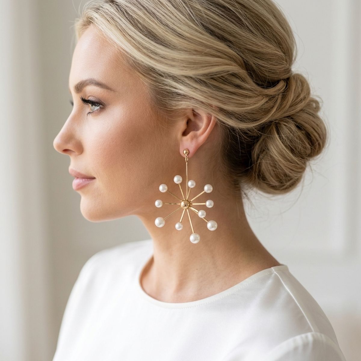 Drop Modern Cream Pearl Starburst Gold Earrings