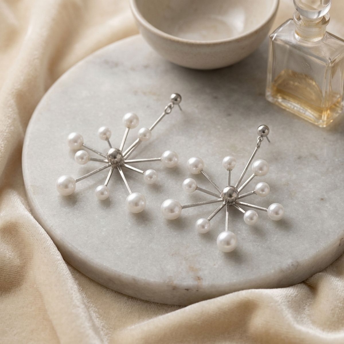 Drop Modern White Pearl Starburst Silver Earrings
