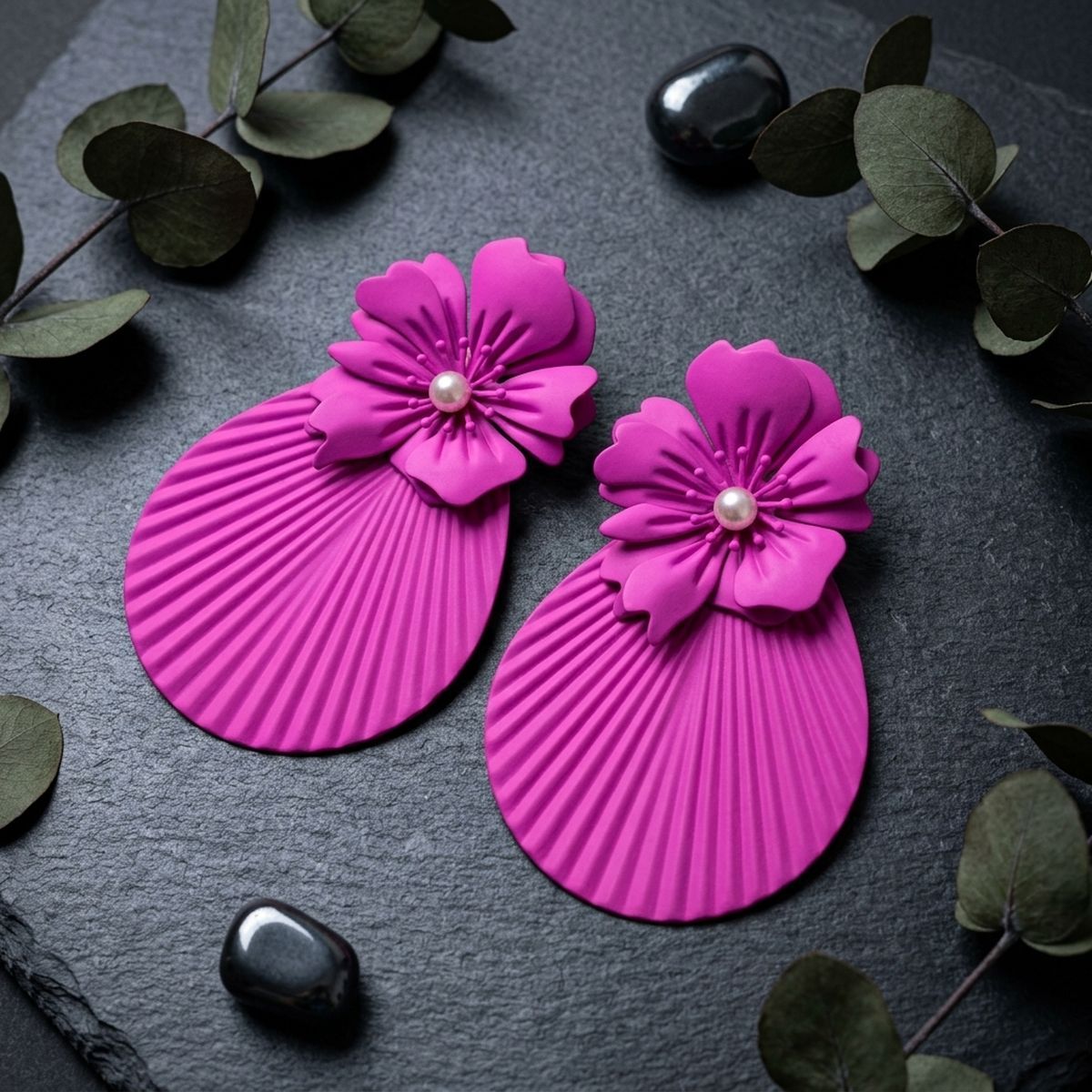 Large Stud Fuchsia Flower Fanned Teardrop Earrings