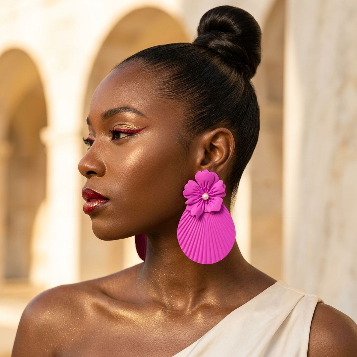 Large Stud Fuchsia Flower Fanned Teardrop Earrings