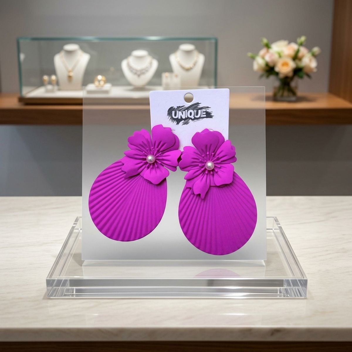 Large Stud Fuchsia Flower Fanned Teardrop Earrings
