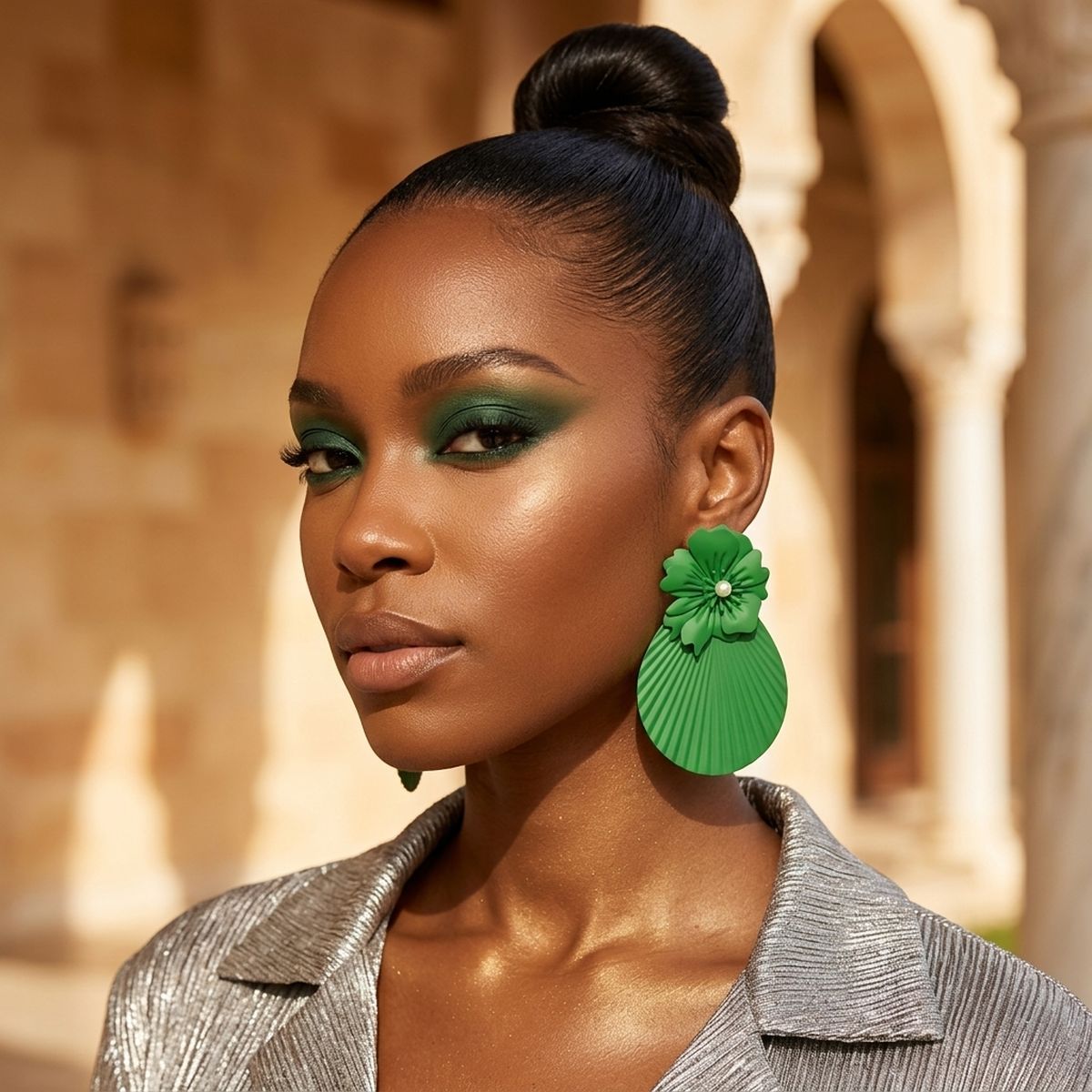 Large Stud Green Flower Fanned Teardrop Earrings