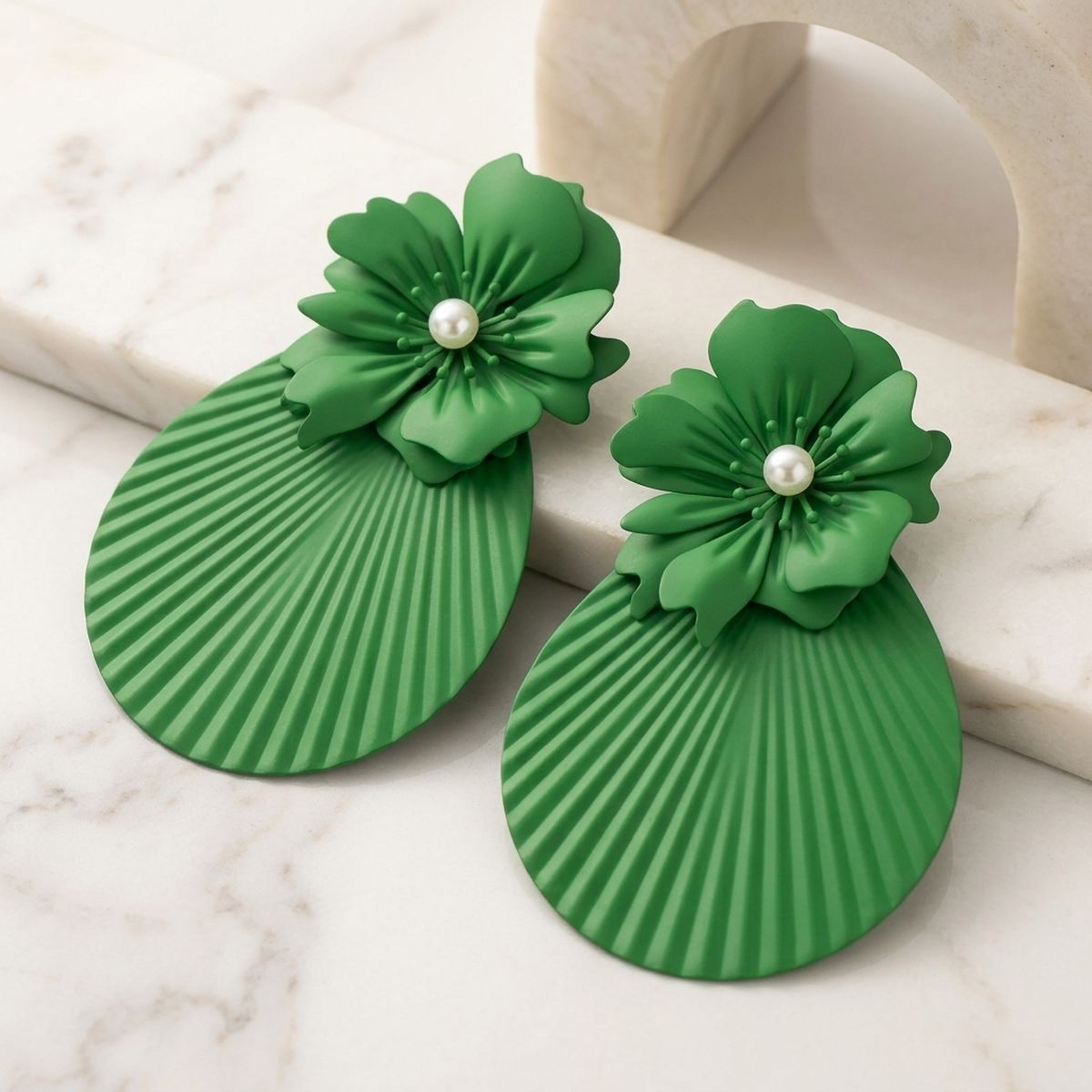 Large Stud Green Flower Fanned Teardrop Earrings