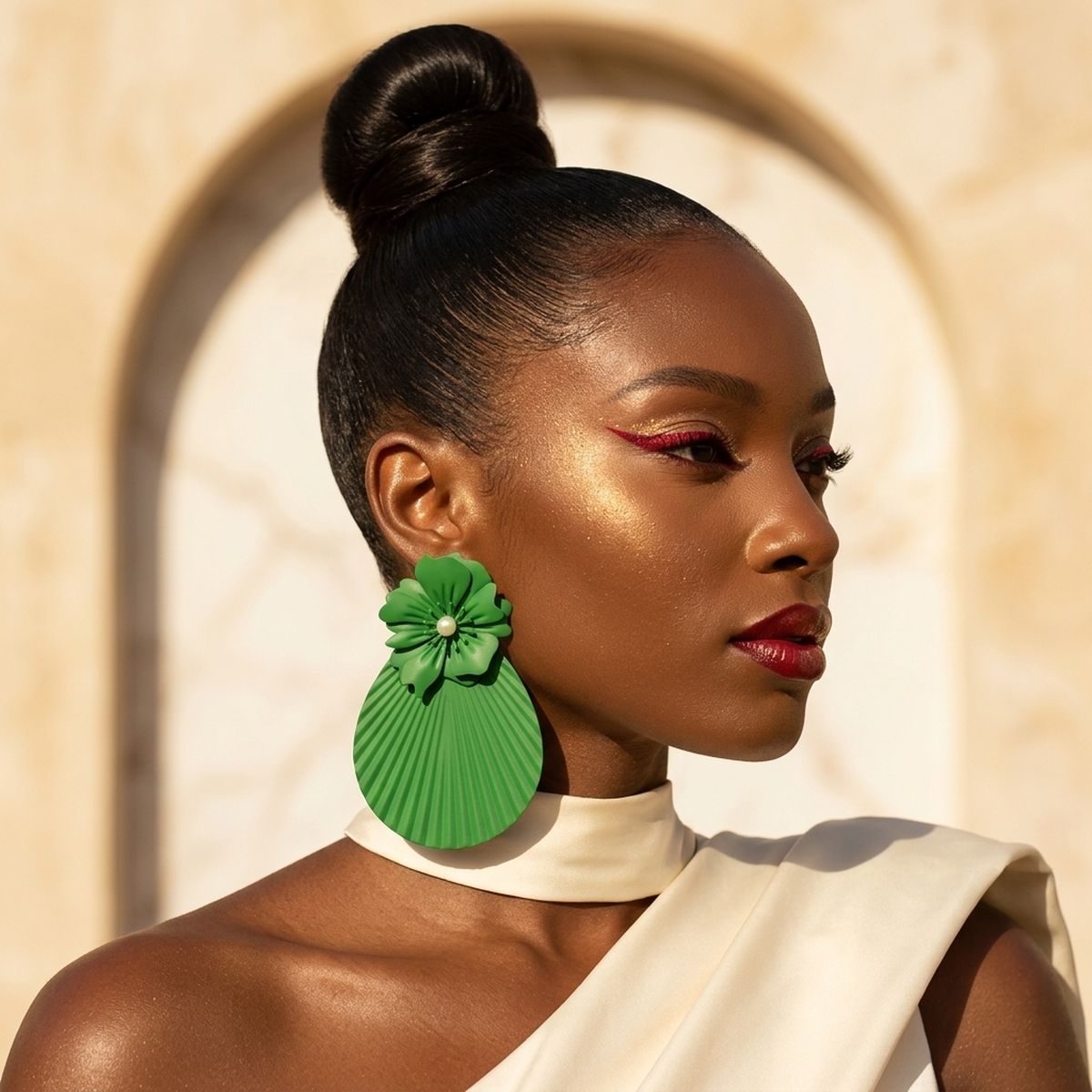 Large Stud Green Flower Fanned Teardrop Earrings