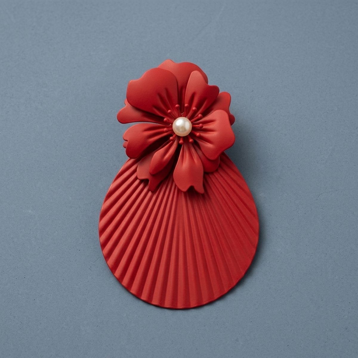 Large Stud Red Flower Fanned Teardrop Earrings
