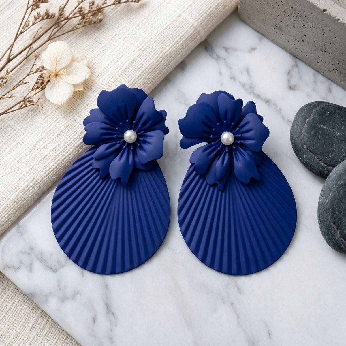 Large Stud Blue Flower Fanned Teardrop Earrings