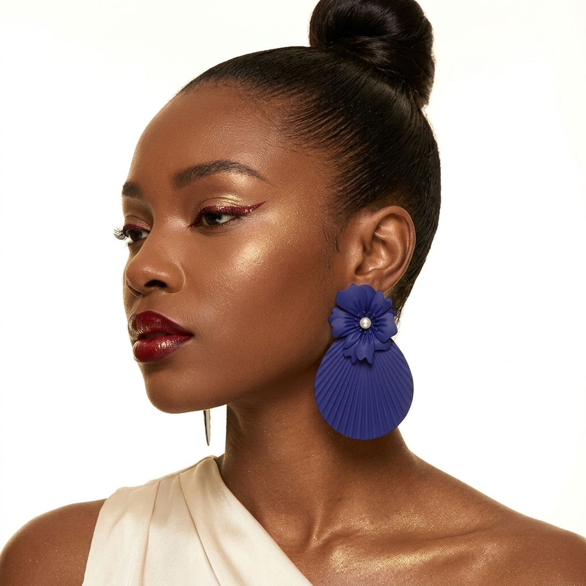 Large Stud Blue Flower Fanned Teardrop Earrings