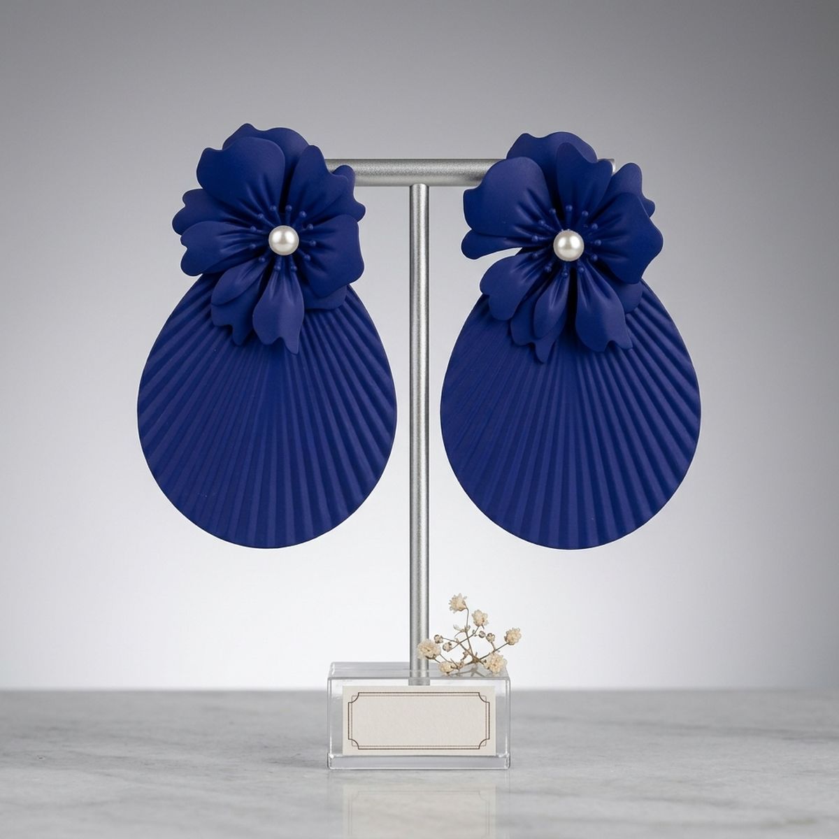 Large Stud Blue Flower Fanned Teardrop Earrings