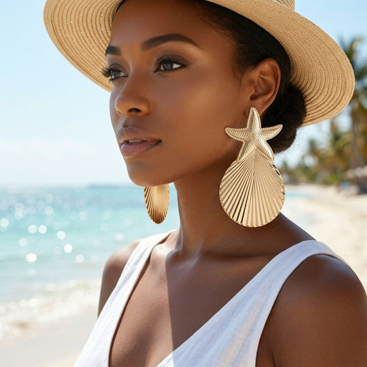 Gold Starfish Ribbed Teardrop XL Stud Earrings