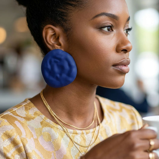 Blue Stud XL Hammered Gold Domed Disc Earrings