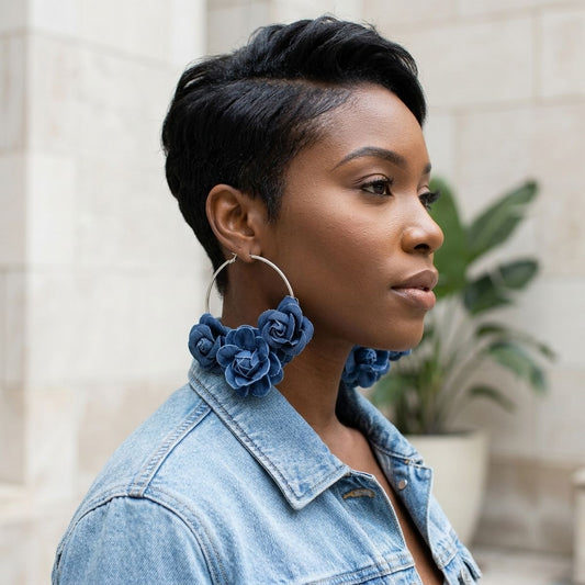 Hoop Denim Jean Triple Rose Flower Silver Earrings