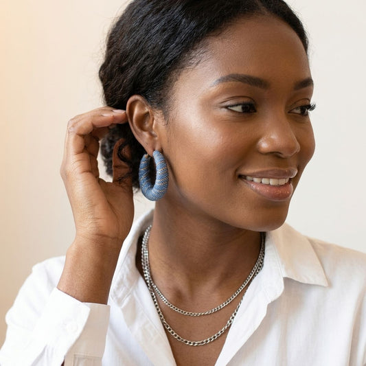 Open Hoop Wide Denim Wrapped Earrings