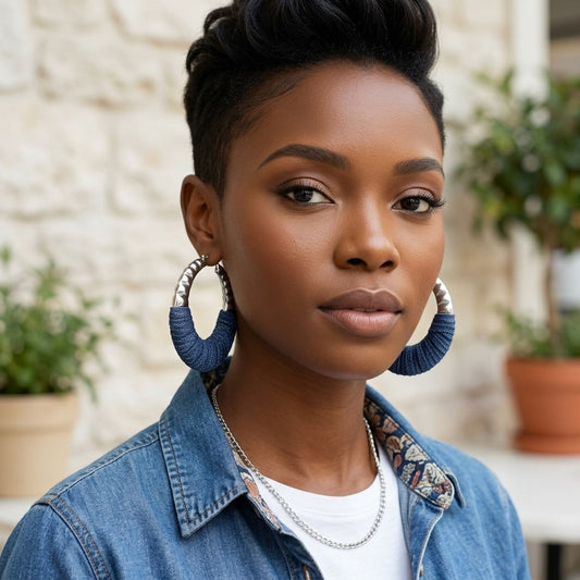 Hoop Denim Wrapped Thick Silver Bubble Earrings