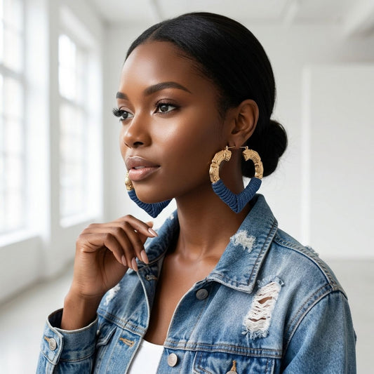 Hoop Denim Wrapped Gold Bamboo Heart Earrings