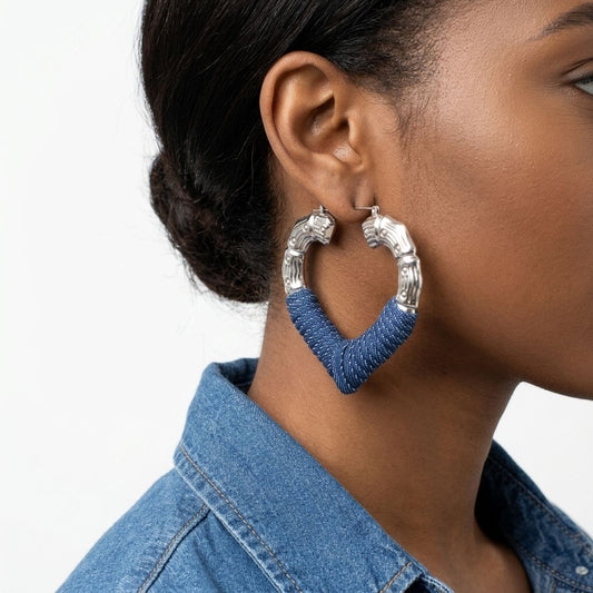 Hoop Denim Wrapped Silver Bamboo Heart Earrings