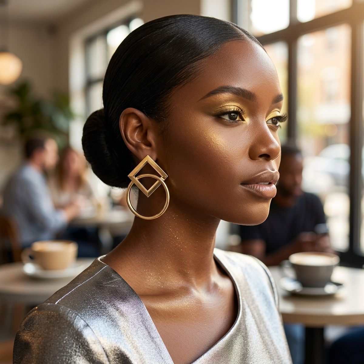 Gold Geometric Diamond Circle Drop Earrings