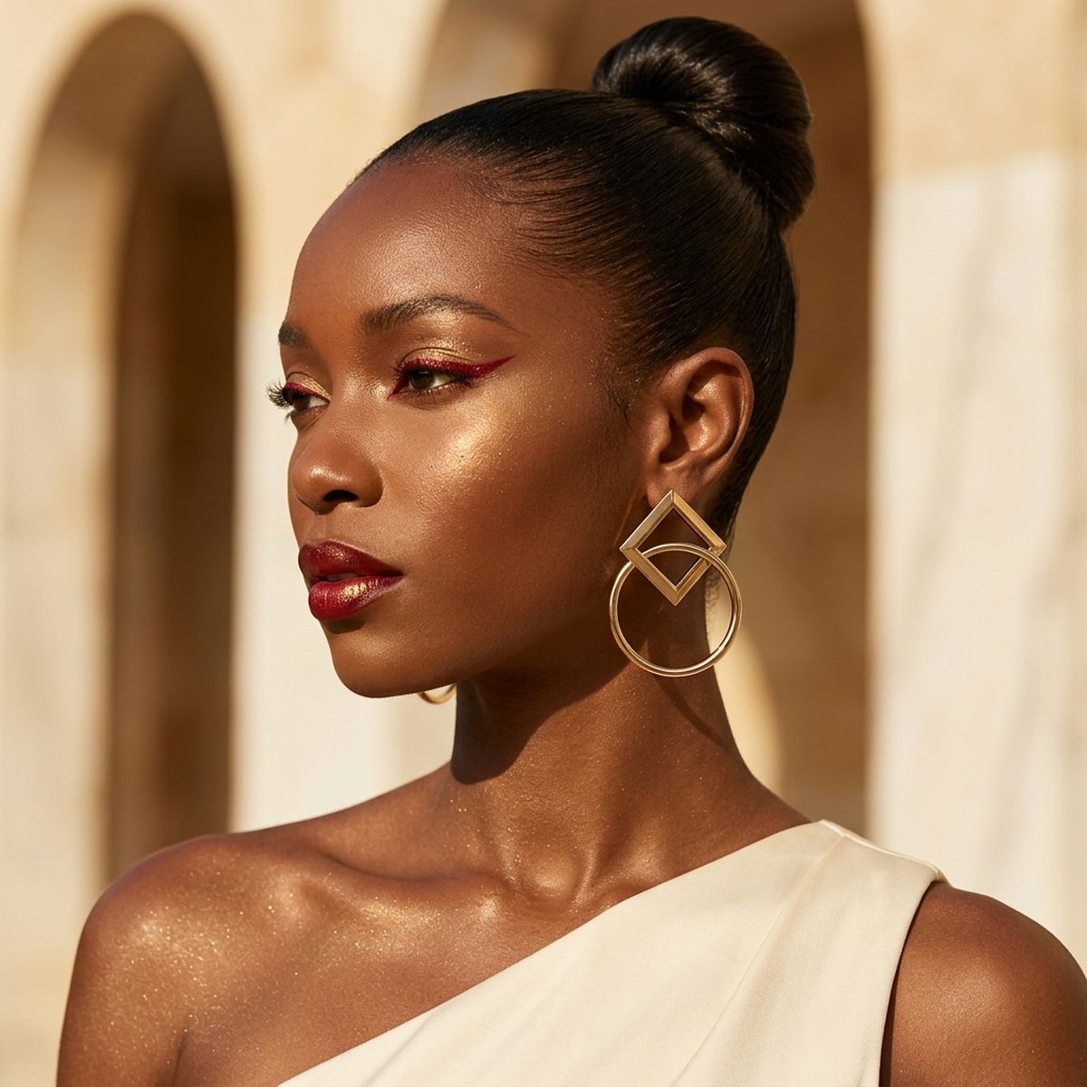 Gold Geometric Diamond Circle Drop Earrings
