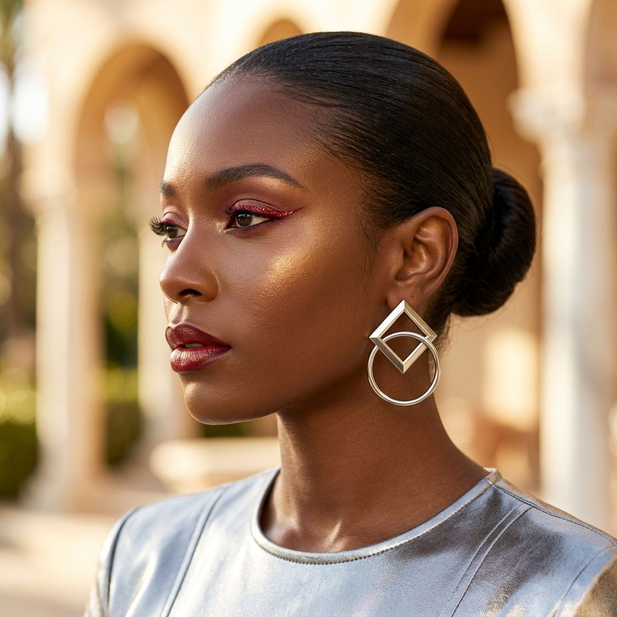 Silver Geometric Diamond Circle Drop Earrings