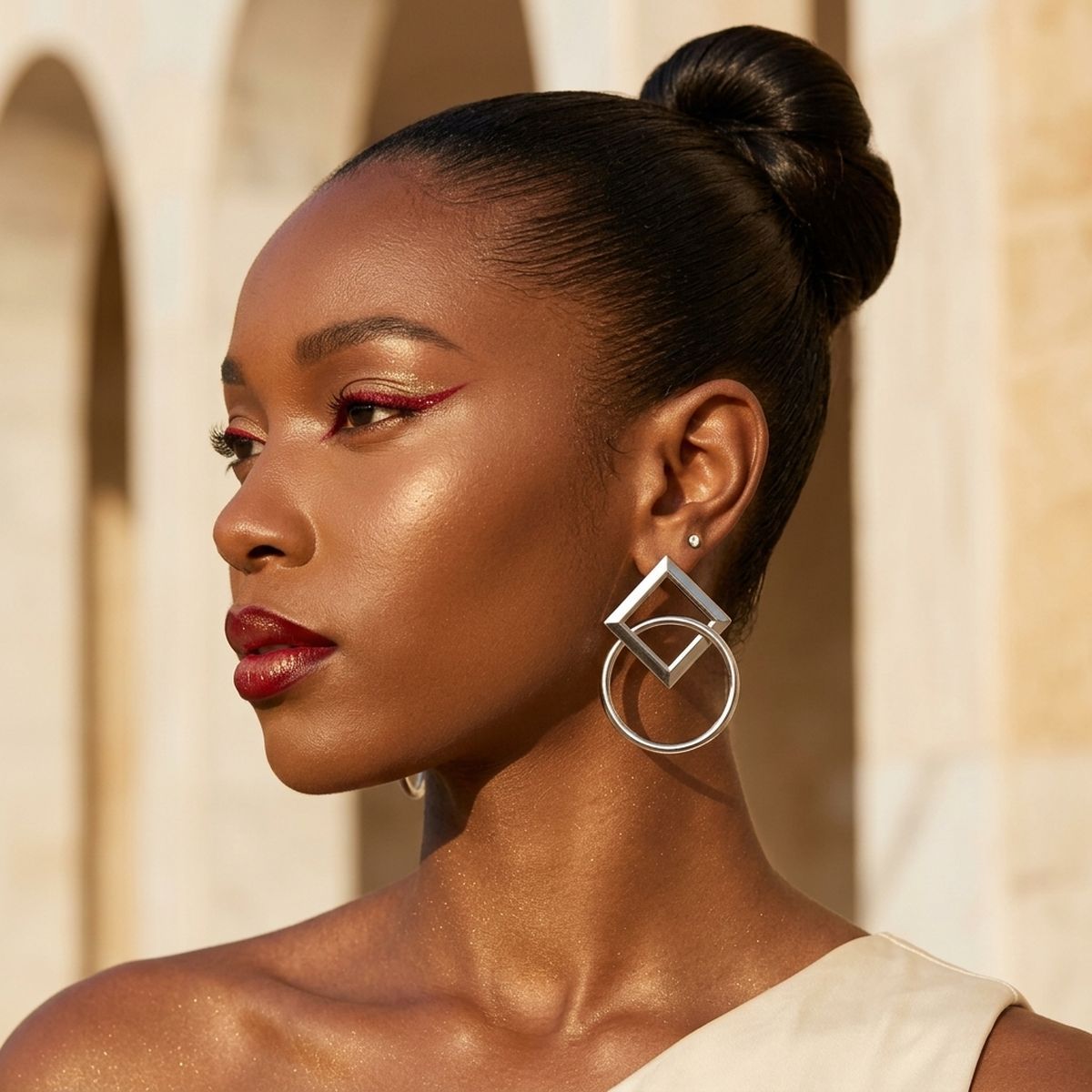 Silver Geometric Diamond Circle Drop Earrings