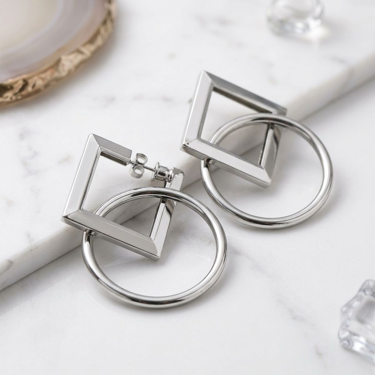 Silver Geometric Diamond Circle Drop Earrings