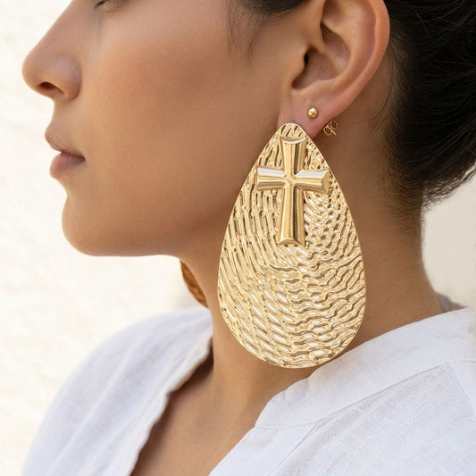 Gold Textured Teardrop Cross XL Stud Earrings