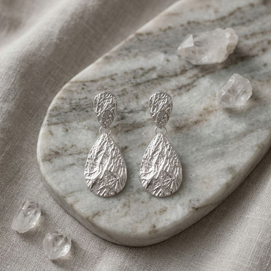 Clip On Double Teardrop Melted Silver Earrings