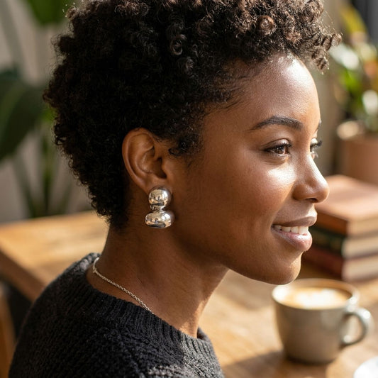 Silver Clip On Stacked Double Dome Chunky Earrings