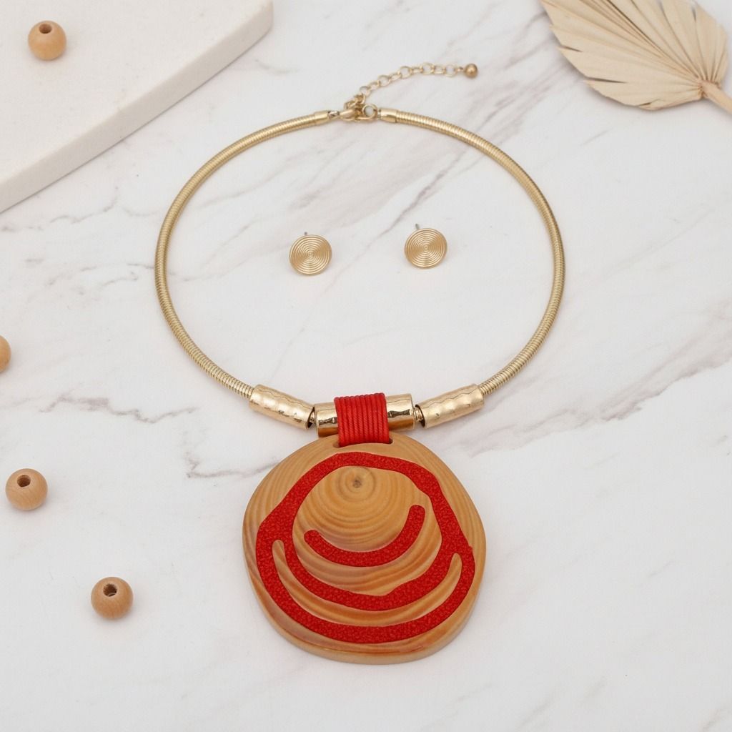 Gold and Red Swirl Circle Pendant Set