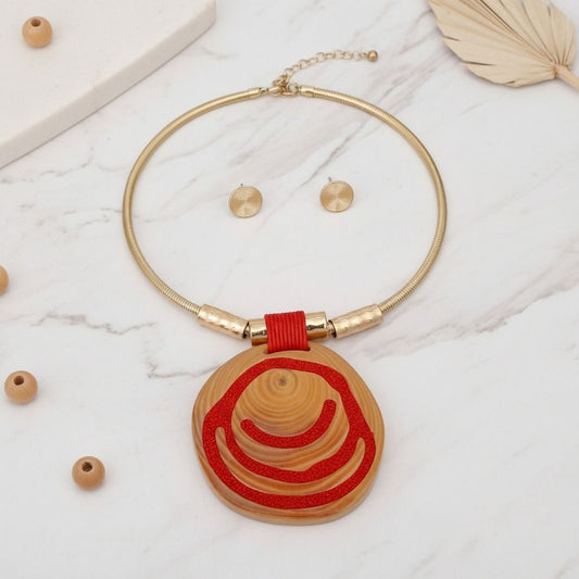 Gold and Red Swirl Circle Pendant Set