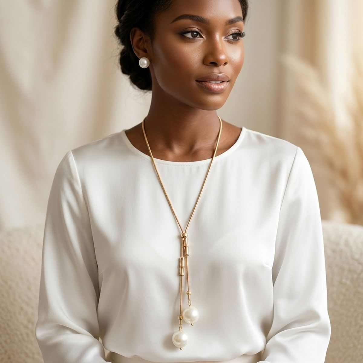 Gold Snake Chain Bamboo Pearl Lariat Necklace Set