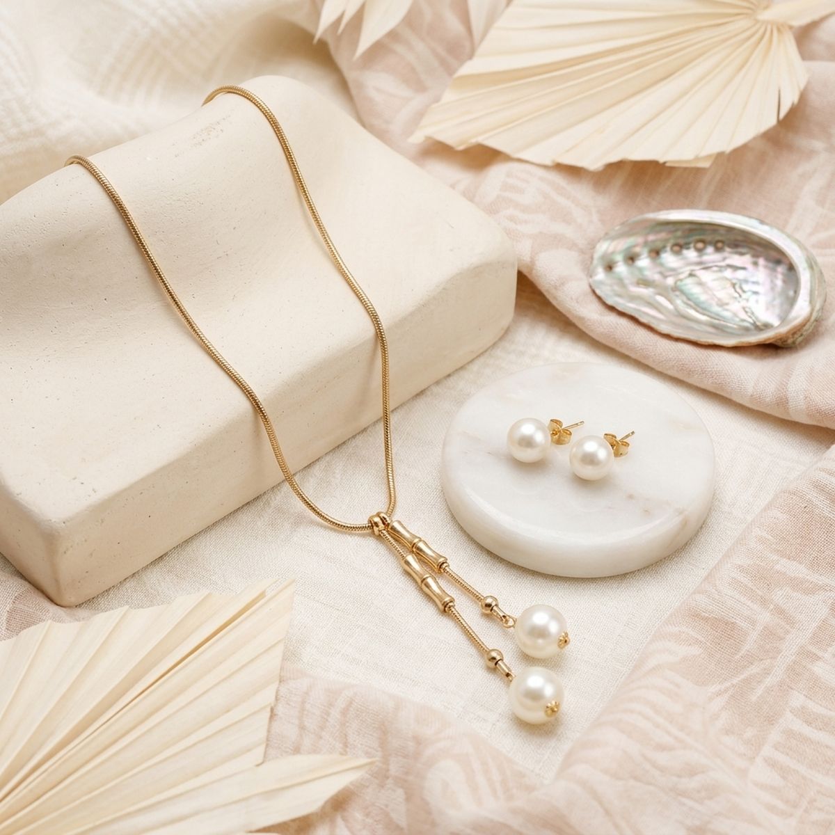 Gold Snake Chain Bamboo Pearl Lariat Necklace Set