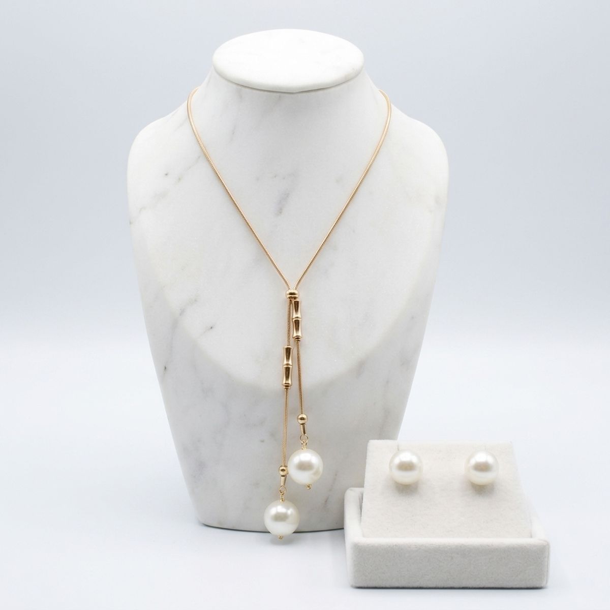 Gold Snake Chain Bamboo Pearl Lariat Necklace Set