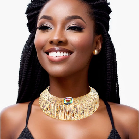 Choker Gold Crystal Wide Rigid Armor Set for Women - Premium Wholesale Jewelry from Pinktown - Just $25! Shop now at chiquestyles
