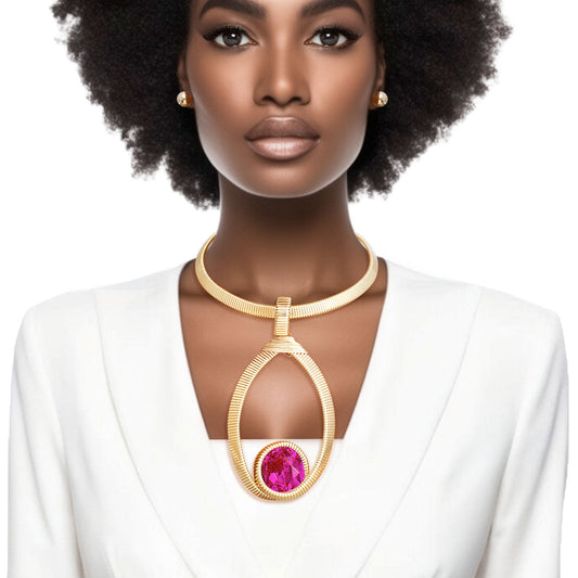 Choker Fuchsia Ribbed Oval Pendant Set for Women - Premium Wholesale Jewelry from Pinktown - Just $23! Shop now at chiquestyles