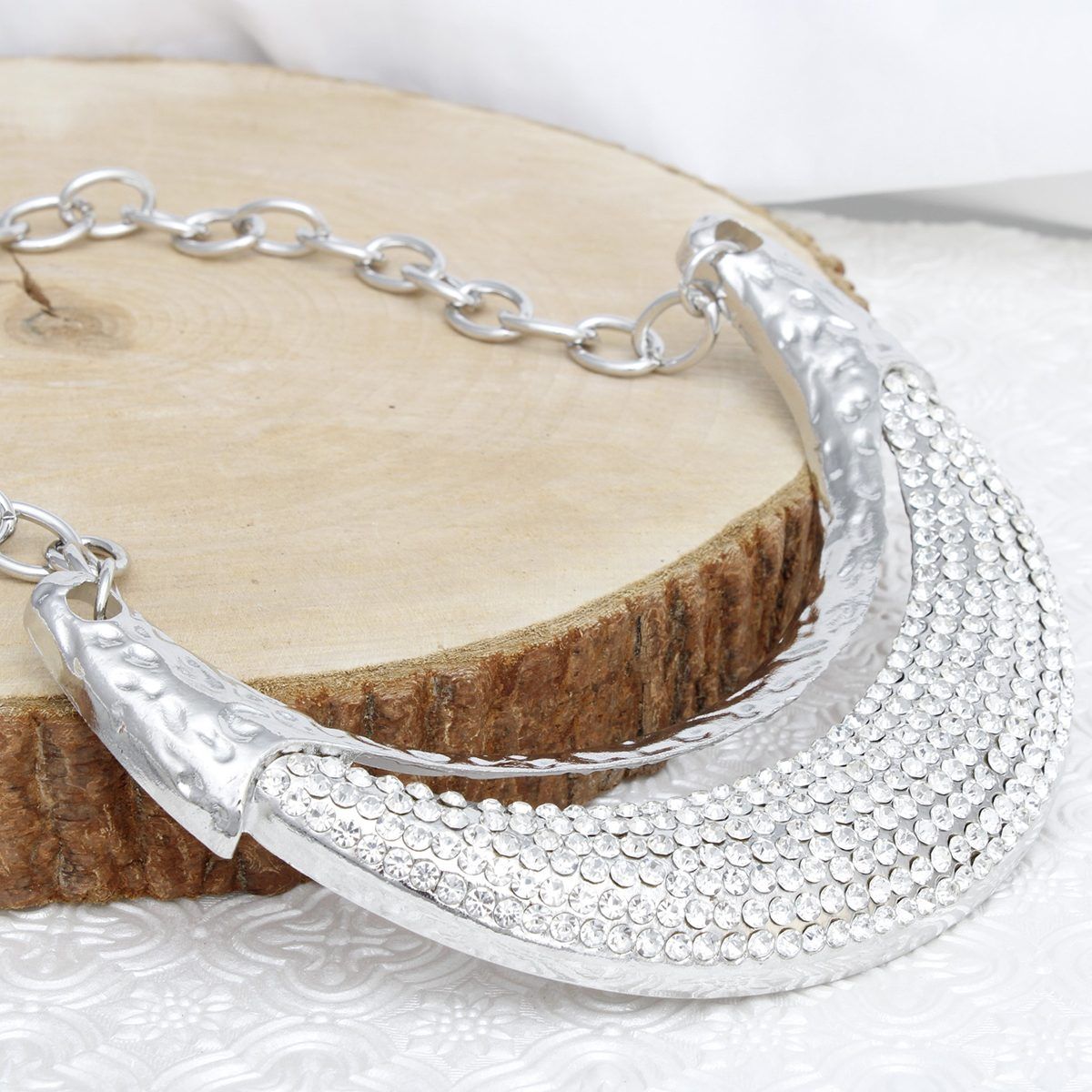 Bib High Shine Rigid Silver Plate Bling Necklace